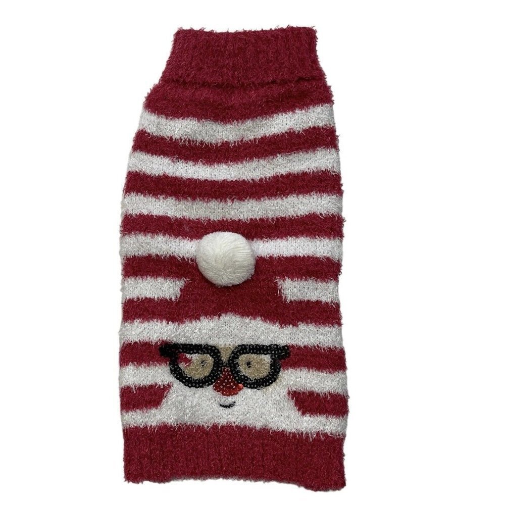 CYEOLLO Dog Christmas Sweater Red White Stripe Small Santa w/Glasses Pets NEW